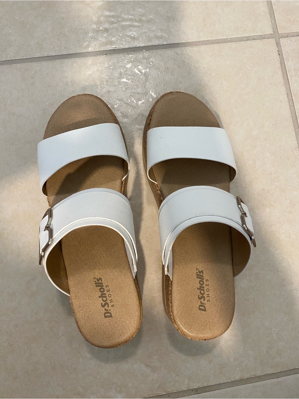 Dr. Scholl's White Double-Band Slide Sandals with Buckles